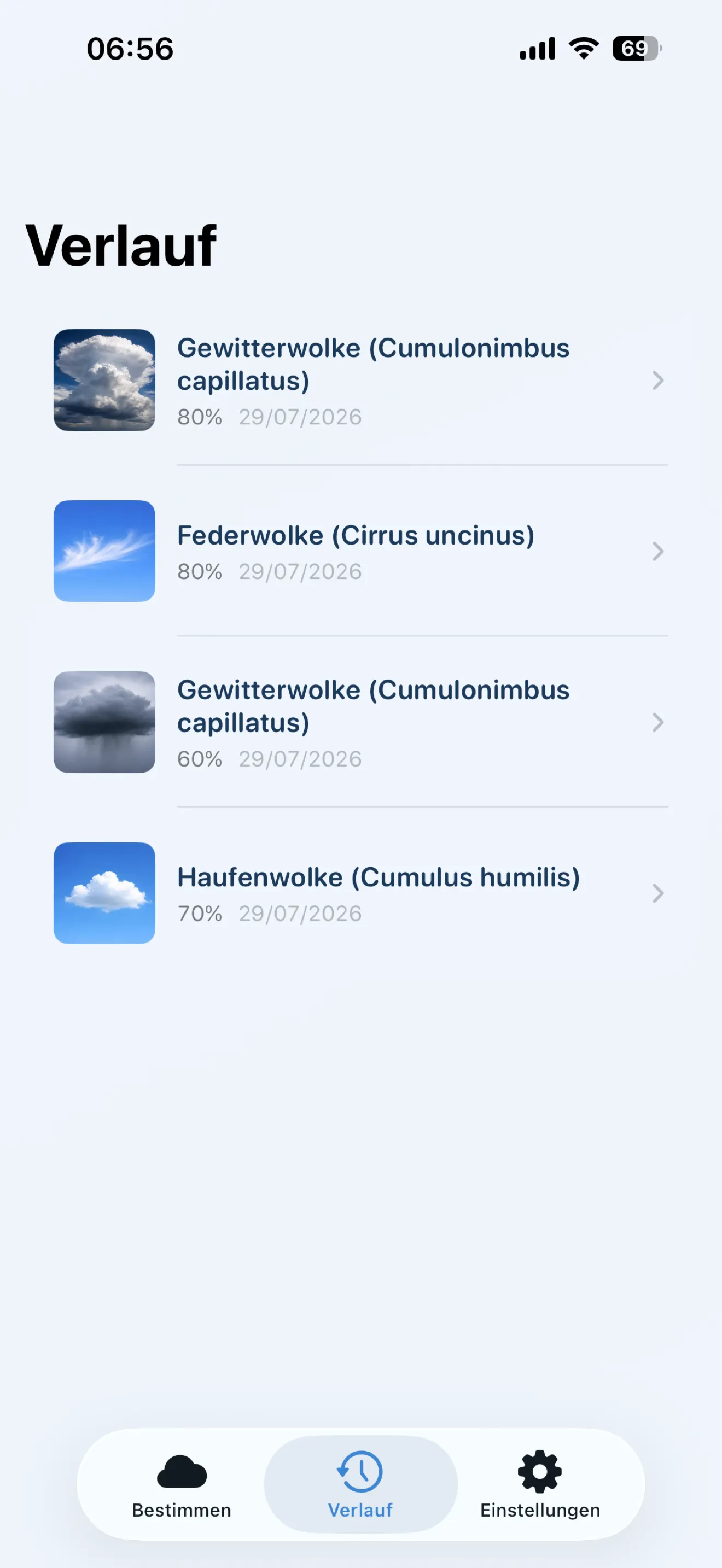 Verlaufsansicht von Wolken ID mit zuvor bestimmten Wolken und Vorschaubildern